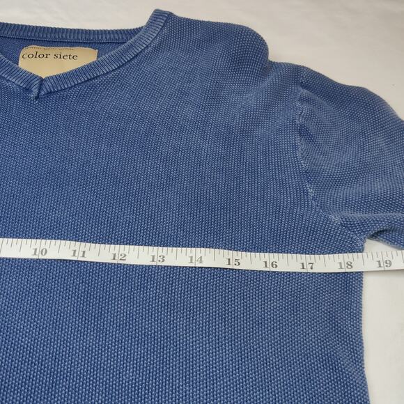Color Siete Men's Textured Cotton V Neck Sweater Elbow Patches Blue Small - Picture 12 of 13